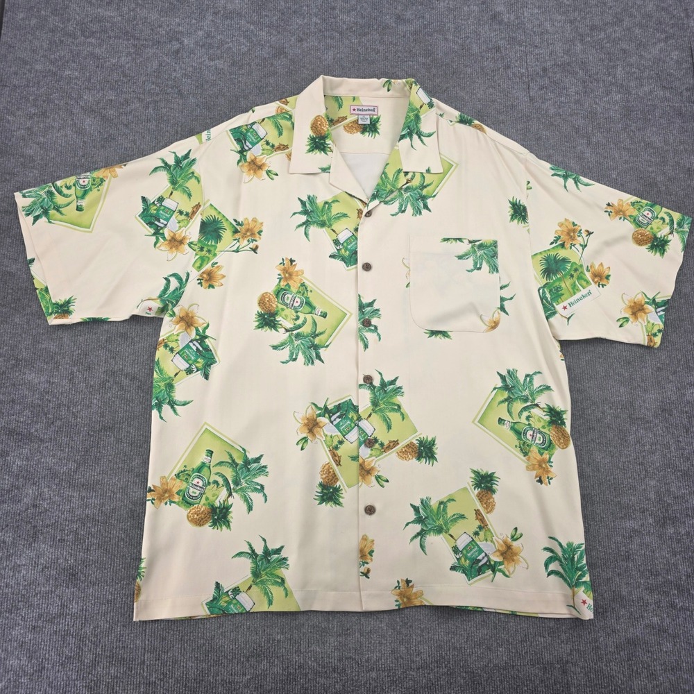 Heineken Silk Hawaiian Shirt Mens XL Tropical Pineapple Beer Camp Button Down